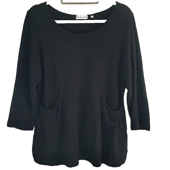 Habitat Black Textured 3/4 Sleeve Lagenlook Top with Pockets Women's Size L - Picture 2 of 10